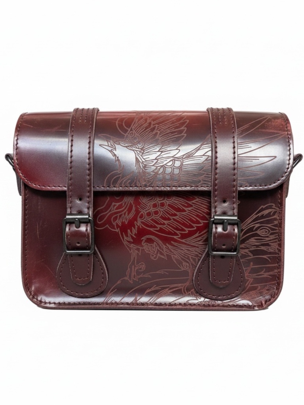Dr. Martens Burgundy Crossbody Satchel with Engraved Phoenix 7 inch
